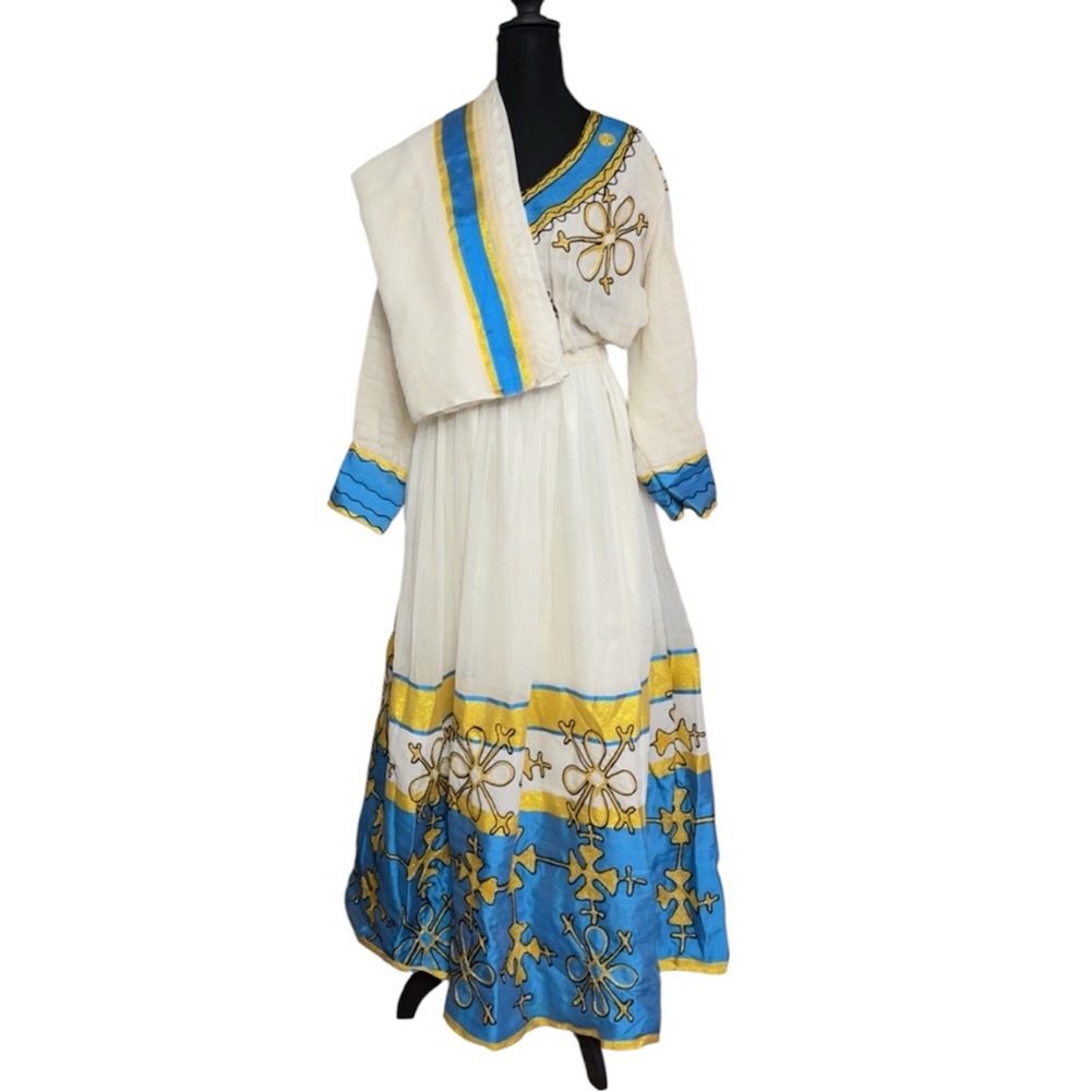 Ethiopian Eritrean Embroidered Habesha Dress with Yellow Accents